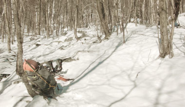 backcountry ski equipment in the woods